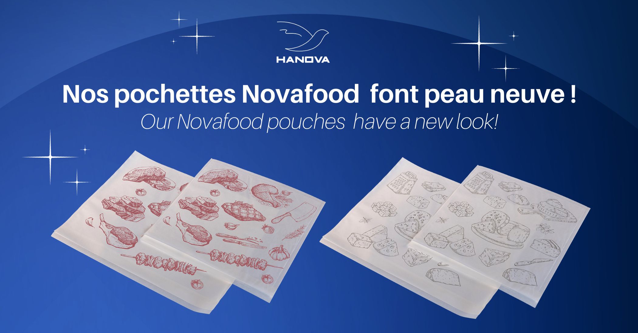 Nos pochettes alimentaires Novafood font peau neuve et s’étoffent avec 2 nouveautés ! Disponibles pour les rayons boucherie et fromagerie.